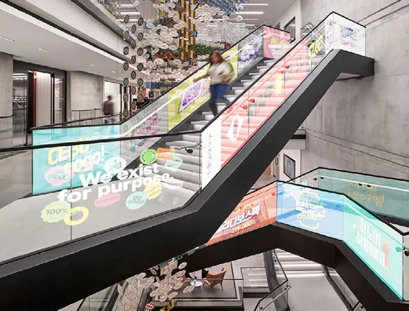 LED Film Screen Application scenario - glass guardrail or handrail elevator